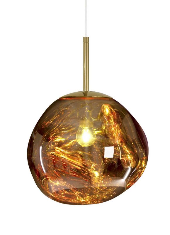 Goldene Melt LED Hängeleuchte von Tom Dixon, modernes Design für Wohnzimmer und Esszimmer.